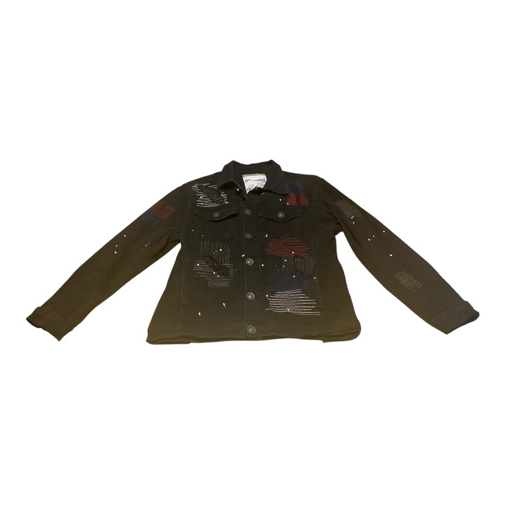 Road Narrows NYC Black Denim Button Down Jacket Size L Embroidered Distressed - Picture 2 of 16